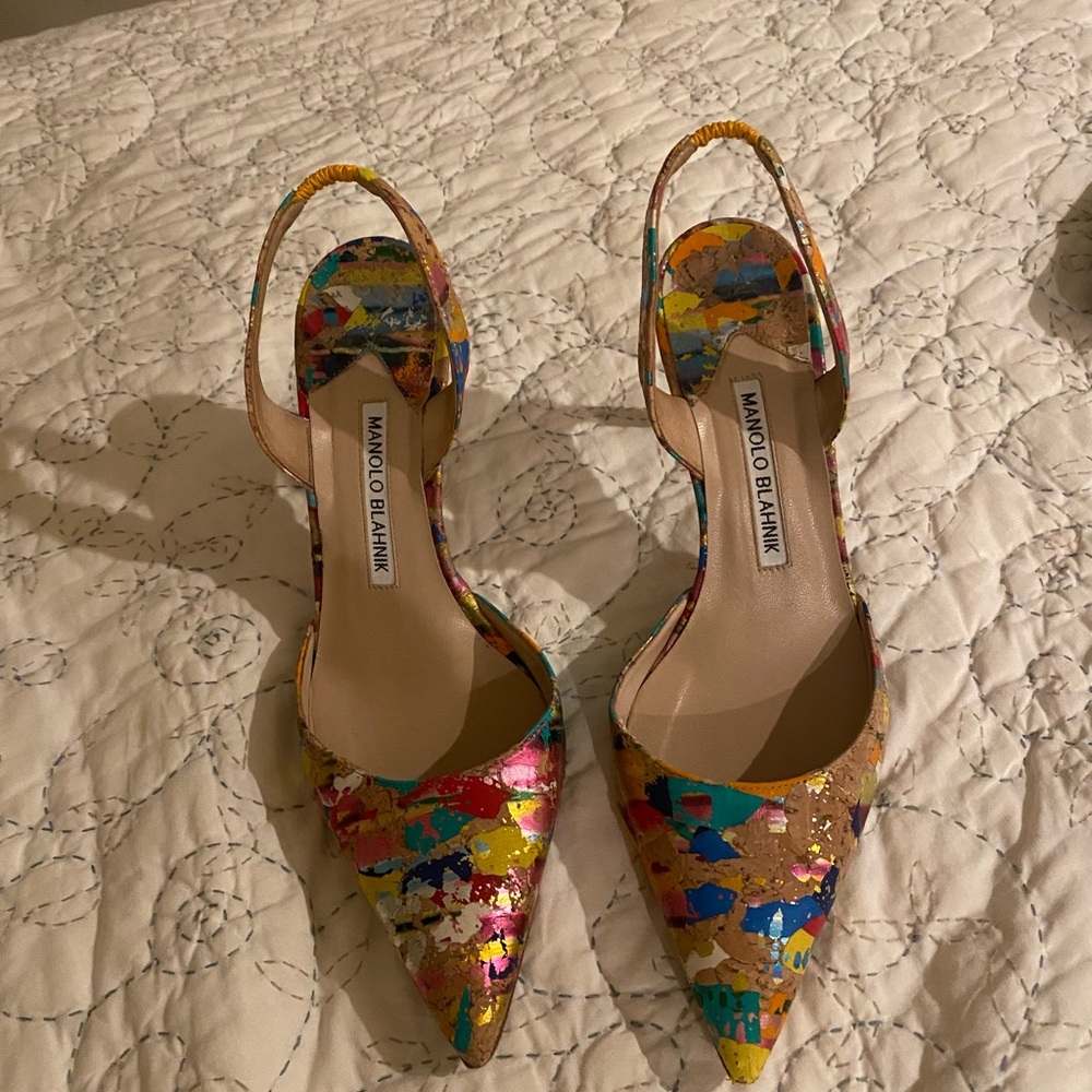 Manolo Blahnik mixed media sling backs, sz 36.5